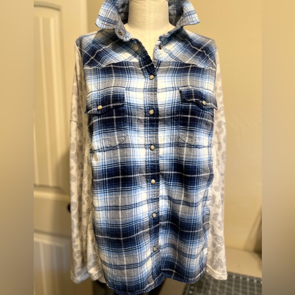 Upcycled button down flannel with sweater sleeve